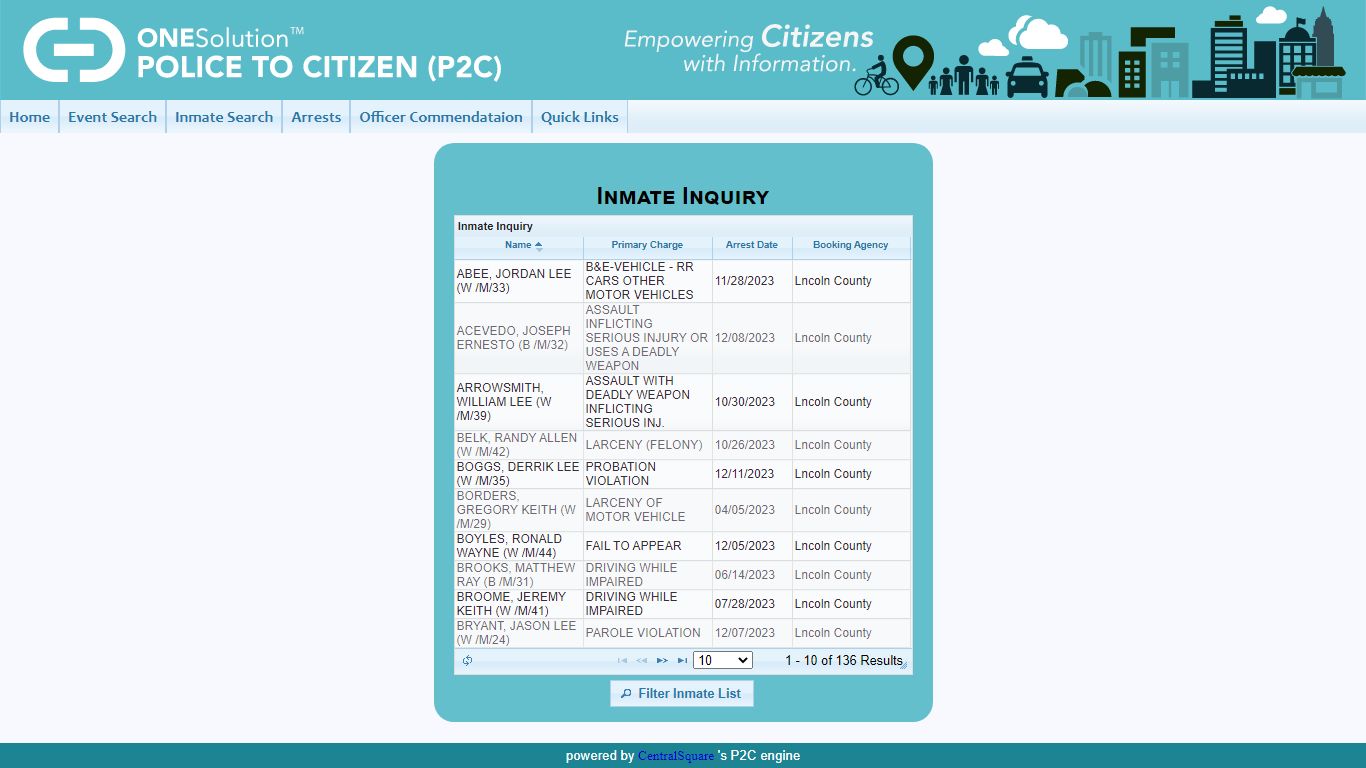 Inmate Inquiry - Lincoln County Sheriffs Office P2C